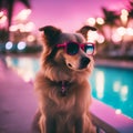 Shot of Vaporwave fashion dog wearing sunglasses in miami