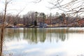 A shot of the vast still waters of the Catawba River with autumn trees along the banks of the river reflecting off the water Royalty Free Stock Photo