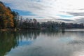 A shot of the vast still waters of the Catawba River with autumn trees along the banks of the river reflecting off the water Royalty Free Stock Photo