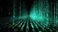shot of vivid turquoise binary digits zeros and ones falling vertically and spreading across a floor, creating an immersive, Royalty Free Stock Photo