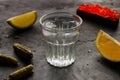 Shot of vodka and snacks on a black background Royalty Free Stock Photo