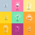 Shot vodka tequila whiskey rum. Wineglass red wine martini champagne beer liquor line art in flat style. Restaurant alcoholic Royalty Free Stock Photo