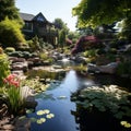 shot of a Water Garden Landscape, incorporating ponds, waterfalls, and water features by AI generated Royalty Free Stock Photo