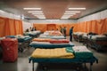 A shot of a well-organized disaster shelter with cots, supplies, and volunteers ready to assist those in need