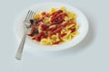 Shot on a white background. No isolation. White plate in it pasta and a piece of meat and a fork