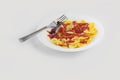 Shot on a white background. No isolation. White plate in it pasta and a piece of meat and a fork
