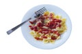 Shot on a white background. No isolation. White plate in it pasta and a piece of meat and a fork