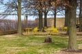 A shot of yellow metal tables and chairs surrounded by autumn colored trees and green and yellow grass near the Mississippi river Royalty Free Stock Photo