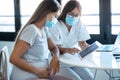 Young beautiful gynecologist wearing a hygienic face mask while showing to pregnant woman ultrasound scan baby with digital tablet