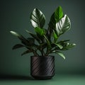 shot of a ZZ Plant (Zamioculcas zamiifolia), capturing its glossy, dark green leaves emerging beauty by AI generated
