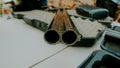 Shotgun barrel in the table Royalty Free Stock Photo