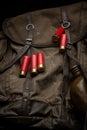 Shotgun cartridges a on a canvas bag. Ammunition for 12 gauge smoothbore weapons. Hunting ammunition