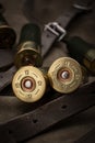 Shotgun shells close-up. Ammunition for smoothbore weapons on a khaki canvas backpack. Dark background Royalty Free Stock Photo