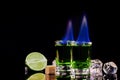 Shots of absinthe and sugar cubes isolated on black background. space for text Royalty Free Stock Photo