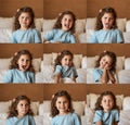 So many looks and facial expressions. Shots of an adorable little girl at home on her bed pulling various funny facial