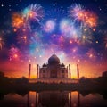 Shots of colorful fireworks over the wonders of the world. Temples. New Year\'s fun and festiv