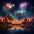 Shots of colorful fireworks over the wonders of the world. Temples. New Year\'s fun and festiv