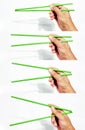 Before, between and after shots of multiple hands holding and opening chop sticks isolated on white background.
