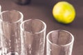 shots ready for alcohol on bar/shots ready for alcohol and lime. Selective focus Royalty Free Stock Photo