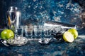 Shots of tequila or strong drink in small glasses, with lime garnish ready to be served Royalty Free Stock Photo