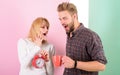 We should go to bed earlier. Woman and man sleepy tousled hair drink morning coffee. Regret late regime. Couple morning Royalty Free Stock Photo