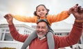 Shoulder hug and portrait of grandfather and girl for bonding, playful and affectionate. Weekend, free time and