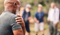 Shoulder pain, injury and back of senior black man after hiking accident outdoors. Sports, training hike and elderly Royalty Free Stock Photo