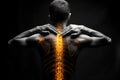 Shoulder-scapular periarthritis, shoulder blades and neck pain, intervertebral spine hernia, man with back pain on a black