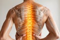 Shoulder-scapular periarthritis, shoulder blades and neck pain, intervertebral spine hernia, man with back pain on a gray