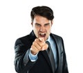 Shout, hand point and angry business man portrait of a employee screaming with white background. Frustrated, anger and Royalty Free Stock Photo
