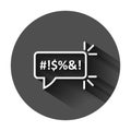 Shout speech bubble icon in flat style. Complain vector illustration on black round background with long shadow. Angry emotion