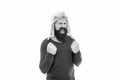 shouting bearded man with moustache in earflape hat isolated on white background, emotional Royalty Free Stock Photo