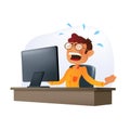 Shouting and irritated businessman character at the desk behind the monitor. Vector illustration of a cartoon freelancer or