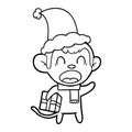 shouting line drawing of a monkey carrying christmas gift wearing santa hat