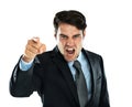 Shouting man, pointing and angry portrait of a business employee screaming with white background. Frustrated, anger and Royalty Free Stock Photo