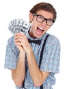 Shouting, money and excited man with dollars in studio isolated on white background. Winner, scream and funny person