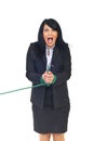 Shouting woman with tied hands