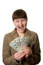 Shouting young woman with money