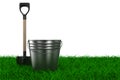 Shovel and bucket on grass. garden tool