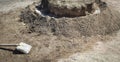 Shovel with a cement. Construction site Royalty Free Stock Photo