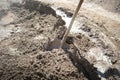 Shovel with a cement. Construction site Royalty Free Stock Photo