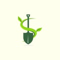 shovel clad in plants, simple gardening logo, vector illustration Royalty Free Stock Photo