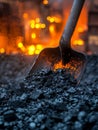 Shovel in coal with fire and glowing embers. Royalty Free Stock Photo