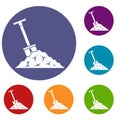 Shovel in coal icons set