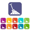 Shovel in coal icons set