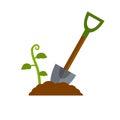 Shovel. Digging hole. Harvest. Pile of earth. Wood brown tool. Cartoon flat illustration. Element of farms and villages