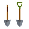 Shovel. Element of farms and villages. Wood brown tool. Cartoon flat illustration. Digging hole