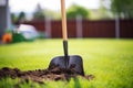 shovel filled with organic compost over green grass Royalty Free Stock Photo