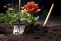 A shovel and a flower plant in the dirt. AI Generated