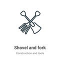 Shovel and fork outline vector icon. Thin line black shovel and fork icon, flat vector simple element illustration from editable